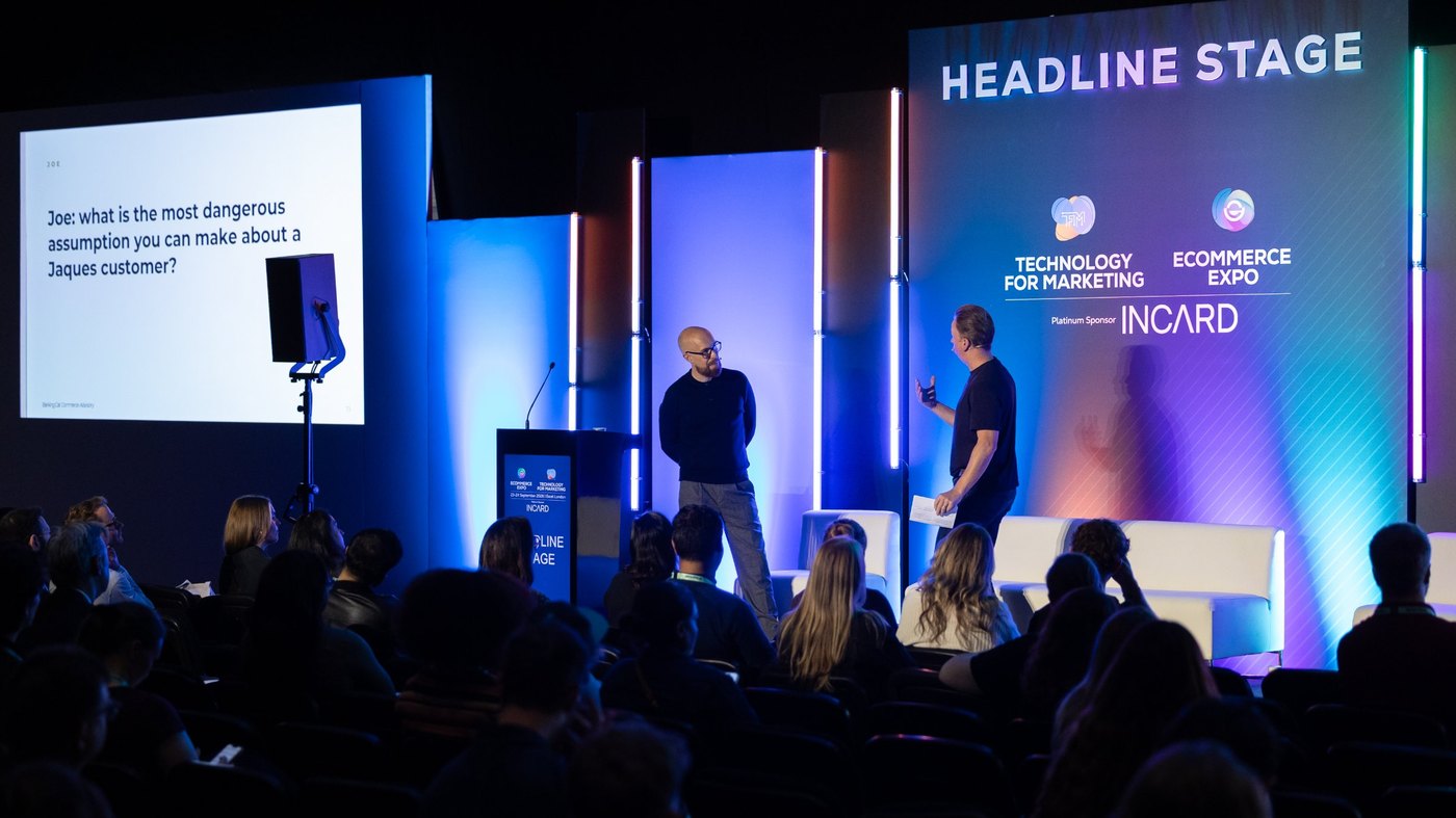 Steve Webster with Joe Jaques of Jaques of London on the Headline Stage at eCommerce Expo, ExCeL London, September 2026, in front of a full audience