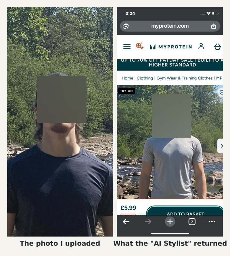 Two images side by side. Left: a man by a river in a navy tee, face obscured. Right: the Myprotein site showing the same scene with a grey MP tee priced at 5.99 pounds, labelled try-on.